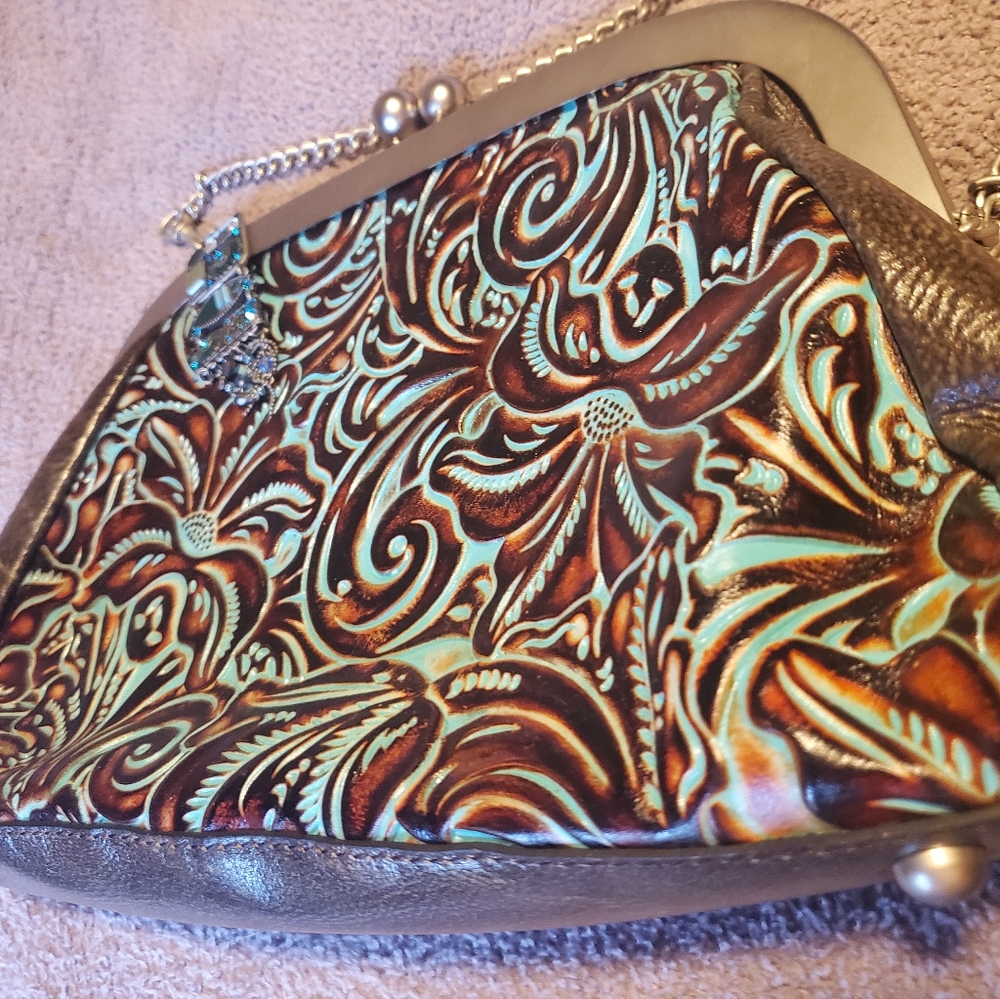 NWT PATRICIA NASH Mia Turquoise Tooled Leather Crossbody Bag w/ Chain Straps - Picture 3 of 12